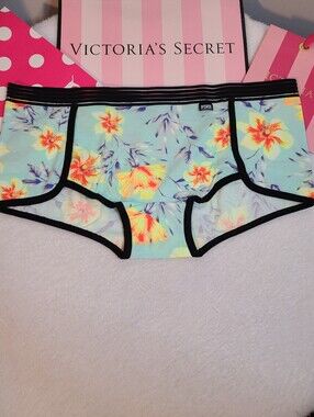 Retired VS PINK Floral Mesh Trimmed Cotton Low Rise Boyshort Panty Size Lg